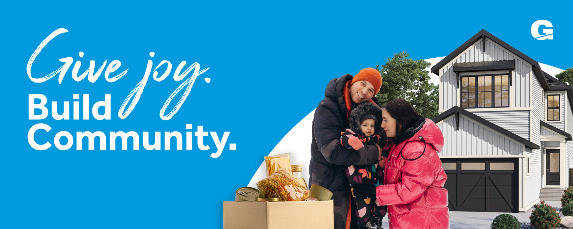 Family in front of a new build home. Festive decore and winter gear with a food donation box.